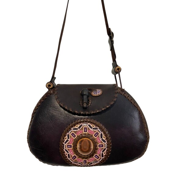 Miguel Rios La Luna Loca Handmade Leather Bag with Mandala Stone Mexico EUC - Picture 2 of 12